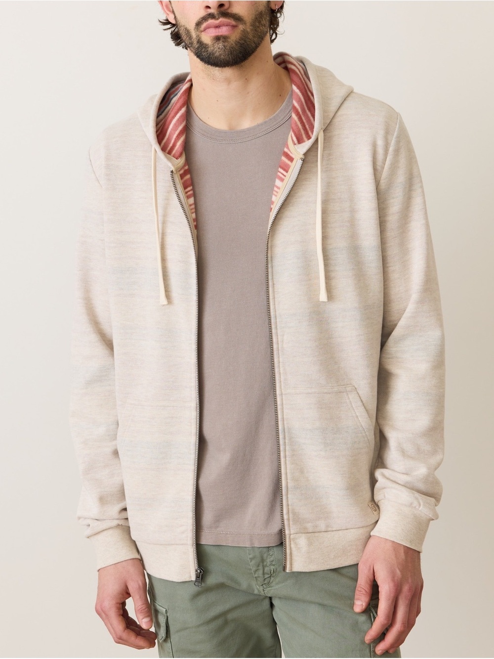 Marine Layer  Cream Zip Full-Zip StripedHoodie with Lining Stripe